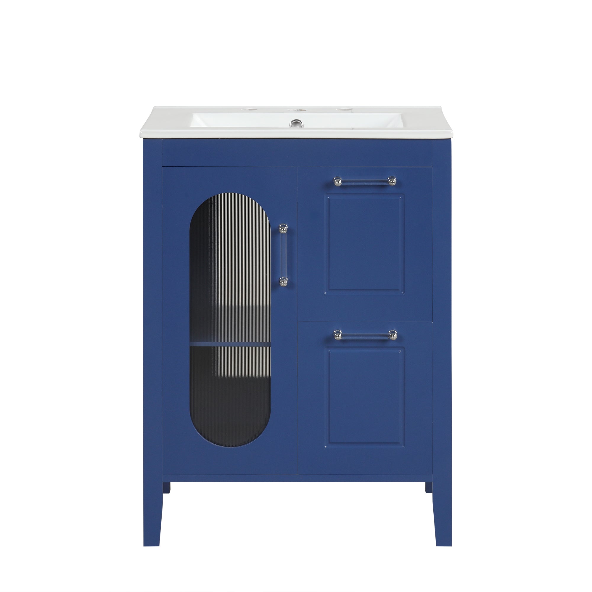 VanityFus 24-in Blue Bathroom Vanity Single Sink Combo Ceramic Top 1 Glass door 2 drawers Undermount Adjustable Shelves
